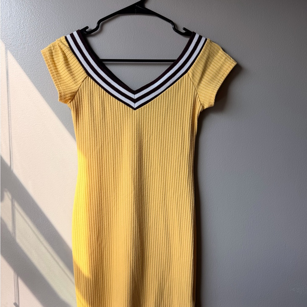 Urban Outfitters Yellow Ribbed V-Neck Midi Dress with Black & White Trim